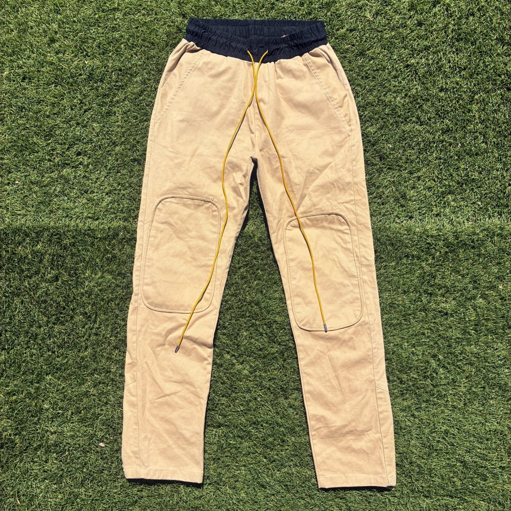 MNML Mens Small Tan Double Knee Work Pants Elastic Waist Snap Cuff Streetwear